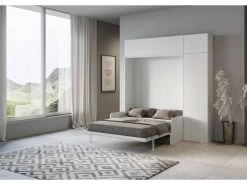 Armoire Lit Escamotable Vertical 160 Kentaro Sofa Avec Colonne Et élements Hauts Frêne Blanc -Magasin de lits lit 18966061