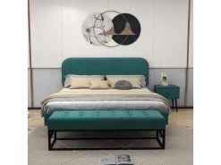 Ensemble Lit - Lit Rembourré Avec Sommier à Lattes + 1 Table De Chevet + 1 Tabouret De Lit - 140x200 Cm - Velours - Vert