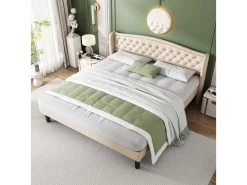 Lit Adulte Avec Sommier à Lattes - 160x200cm - Velours - Beige