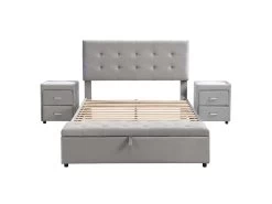 Ensemble Lit - Lit Rembourré En Velours Avec Sommier à Lattes + 2 Table De Chevet Avec LED + 1 Tabouret - 140x200 Cm - Gris -Magasin de lits lit 19957043