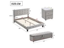 Ensemble Lit - Lit Rembourré En Velours Avec Sommier à Lattes + 2 Table De Chevet Avec LED + 1 Tabouret - 140x200 Cm - Gris -Magasin de lits lit 19957047