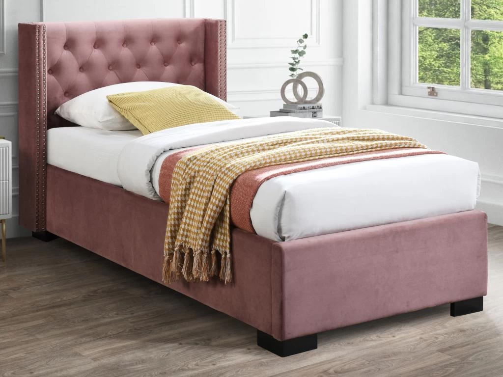 Lit Coffre 90 X 200 Cm Avec Tête De Lit Capitonnée - Velours - Rose + Matelas - MASSIMO 2 Lit Coffre 90 X 200 Cm Avec Tête De Lit Capitonnée - Velours - Rose + Matelas - MASSIMO – Image 2