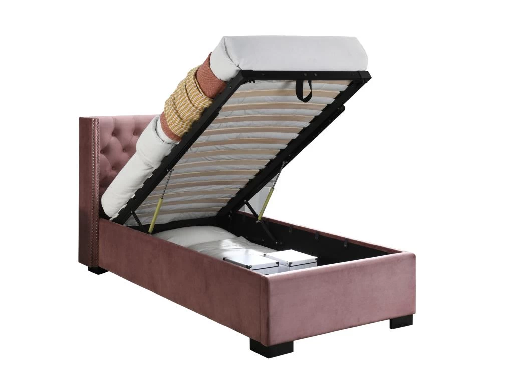 Lit Coffre 90 X 200 Cm Avec Tête De Lit Capitonnée - Velours - Rose + Matelas - MASSIMO 5 Lit Coffre 90 X 200 Cm Avec Tête De Lit Capitonnée - Velours - Rose + Matelas - MASSIMO – Image 5