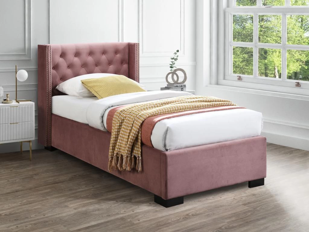 Lit Coffre 90 X 200 Cm Avec Tête De Lit Capitonnée - Velours - Rose + Matelas - MASSIMO 1 Lit Coffre 90 X 200 Cm Avec Tête De Lit Capitonnée - Velours - Rose + Matelas - MASSIMO