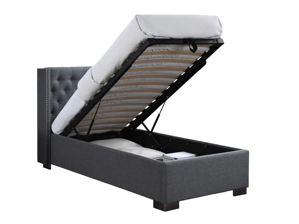 Lit Coffre 90 X 200 Cm Avec Tête De Lit Capitonnée - Tissu - Gris - MASSIMO 5 Lit Coffre 90 X 200 Cm Avec Tête De Lit Capitonnée - Tissu - Gris - MASSIMO – Image 5