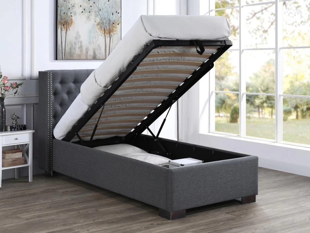 Lit Coffre 90 X 200 Cm Avec Tête De Lit Capitonnée - Tissu - Gris - MASSIMO 4 Lit Coffre 90 X 200 Cm Avec Tête De Lit Capitonnée - Tissu - Gris - MASSIMO – Image 4