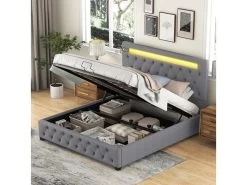 Lit Coffre Avec Tête De Lit Réglable + Led + Ports Usb + Lecteur Bluetooth + Sommier à Lattes -140x200 Cm - Lin - Gris