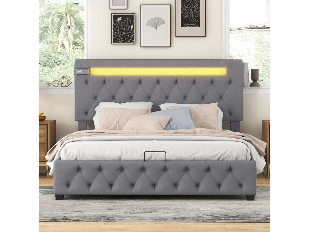 Lit Coffre Avec Tête De Lit Réglable + Led + Ports Usb + Lecteur Bluetooth + Sommier à Lattes -140x200 Cm - Lin - Gris 2 Lit Coffre Avec Tête De Lit Réglable + Led + Ports Usb + Lecteur Bluetooth + Sommier à Lattes -140x200 Cm - Lin - Gris – Image 2