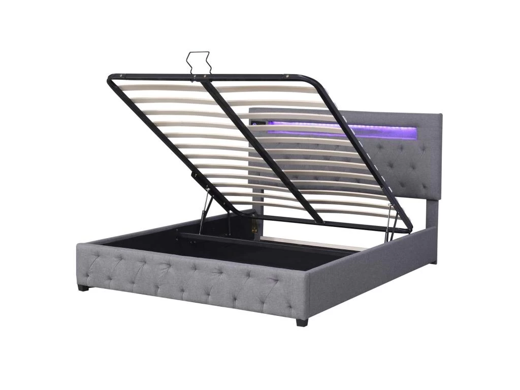 Lit Coffre Avec Tête De Lit Réglable + Led + Ports Usb + Lecteur Bluetooth + Sommier à Lattes -140x200 Cm - Lin - Gris 3 Lit Coffre Avec Tête De Lit Réglable + Led + Ports Usb + Lecteur Bluetooth + Sommier à Lattes -140x200 Cm - Lin - Gris – Image 3