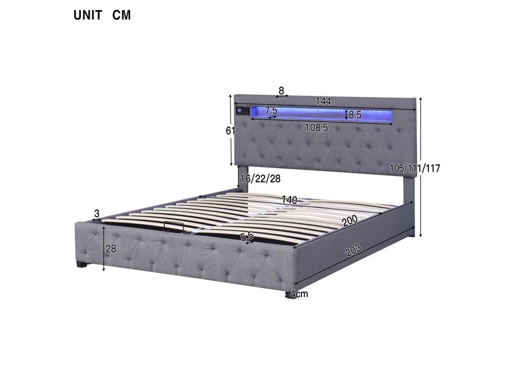 Lit Coffre Avec Tête De Lit Réglable + Led + Ports Usb + Lecteur Bluetooth + Sommier à Lattes -140x200 Cm - Lin - Gris 5 Lit Coffre Avec Tête De Lit Réglable + Led + Ports Usb + Lecteur Bluetooth + Sommier à Lattes -140x200 Cm - Lin - Gris – Image 5