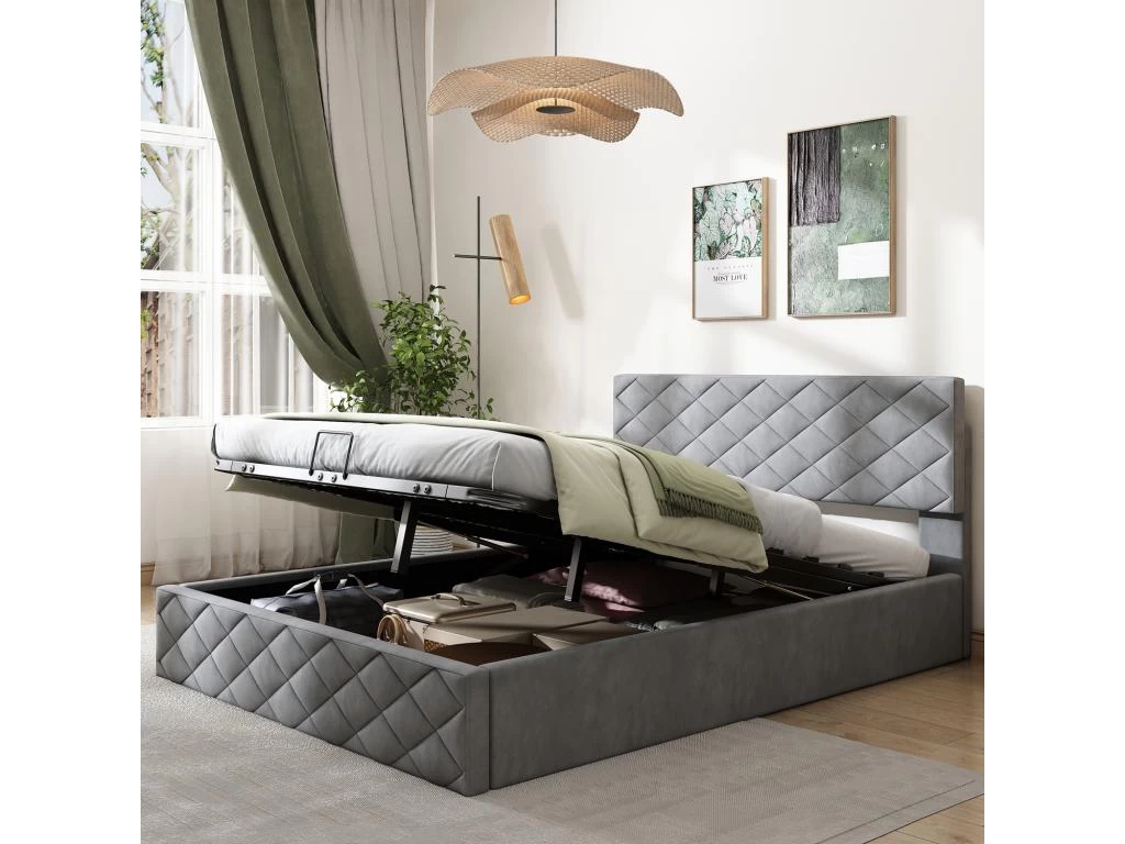 Lit Coffre Avec Sommier à Lattes - Lit Adulte - 140x200cm - Velours - Gris 1 Lit Coffre Avec Sommier à Lattes - Lit Adulte - 140x200cm - Velours - Gris