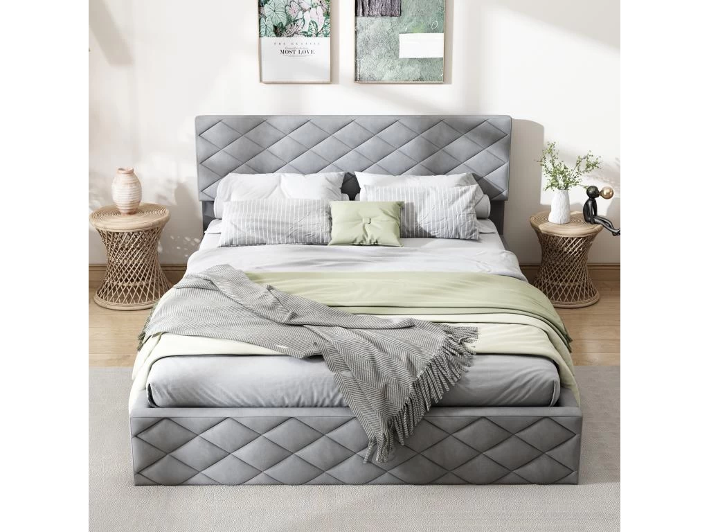 Lit Coffre Avec Sommier à Lattes - Lit Adulte - 140x200cm - Velours - Gris 2 Lit Coffre Avec Sommier à Lattes - Lit Adulte - 140x200cm - Velours - Gris – Image 2