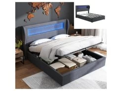 Lit Coffre En Lin Avec LED + Sommier à Lattes + Tête De Lit - 140x200cm - Noir