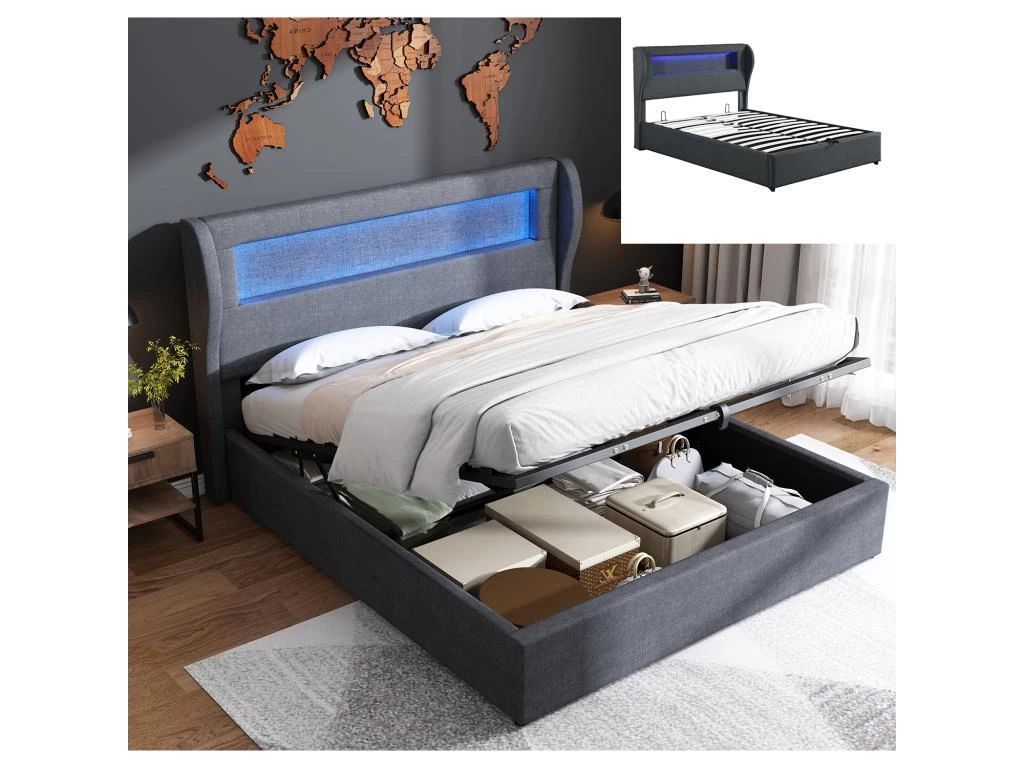 Lit Coffre En Lin Avec LED + Sommier à Lattes + Tête De Lit - 140x200cm - Noir 1 Lit Coffre En Lin Avec LED + Sommier à Lattes + Tête De Lit - 140x200cm - Noir