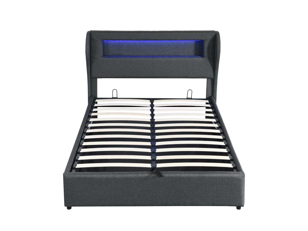 Lit Coffre En Lin Avec LED + Sommier à Lattes + Tête De Lit - 140x200cm - Noir 2 Lit Coffre En Lin Avec LED + Sommier à Lattes + Tête De Lit - 140x200cm - Noir – Image 2