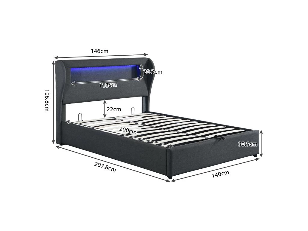 Lit Coffre En Lin Avec LED + Sommier à Lattes + Tête De Lit - 140x200cm - Noir 5 Lit Coffre En Lin Avec LED + Sommier à Lattes + Tête De Lit - 140x200cm - Noir – Image 5