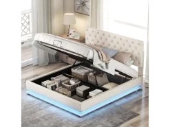 Lit Coffre Avec Led + Sommier à Lattes -140x200 Cm - Velours - Beige