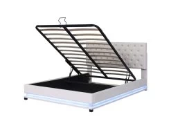 Lit Coffre Avec Led + Sommier à Lattes -140x200 Cm - Velours - Beige -Magasin de lits lit 20095411