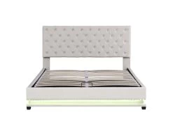 Lit Coffre Avec Led + Sommier à Lattes -140x200 Cm - Velours - Beige -Magasin de lits lit 20095413