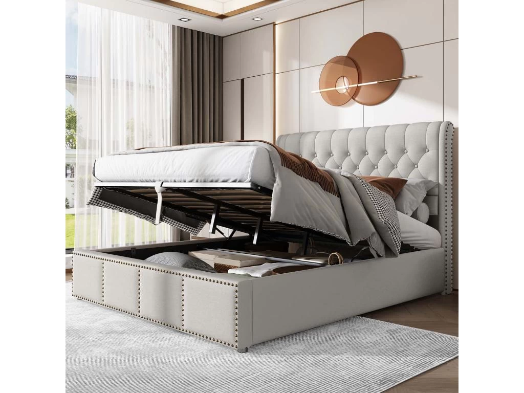 Lit Coffre Capitonné En Velours Avec Sommier à Lattes - 140x200cm - Gris Clair 1 Lit Coffre Capitonné En Velours Avec Sommier à Lattes - 140x200cm - Gris Clair