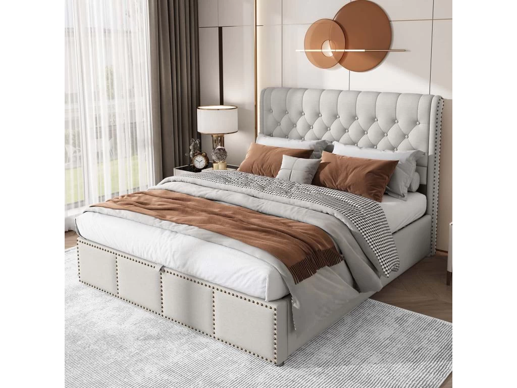 Lit Coffre Capitonné En Velours Avec Sommier à Lattes - 140x200cm - Gris Clair 3 Lit Coffre Capitonné En Velours Avec Sommier à Lattes - 140x200cm - Gris Clair – Image 3