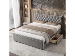 Lit Adulte Avec Bout De Lit En Forme De Traîneau - Lit Rembourré En Velours Avec 2 Tiroirs + Sommier à Lattes - 140x200cm - Gris