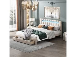 Lit Double Rembourré En Lin Avec Led + Tiroir Et Sommier à Lattes - 140x200cm - Beige