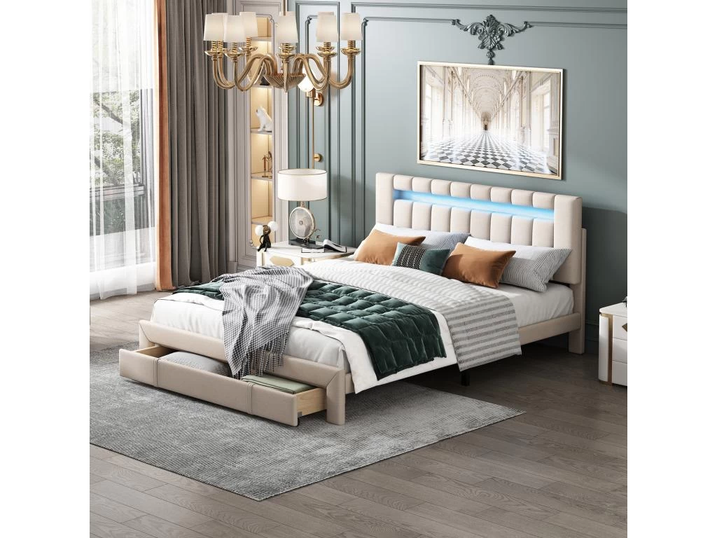 Lit Double Rembourré En Lin Avec Led + Tiroir Et Sommier à Lattes - 140x200cm - Beige 1 Lit Double Rembourré En Lin Avec Led + Tiroir Et Sommier à Lattes - 140x200cm - Beige