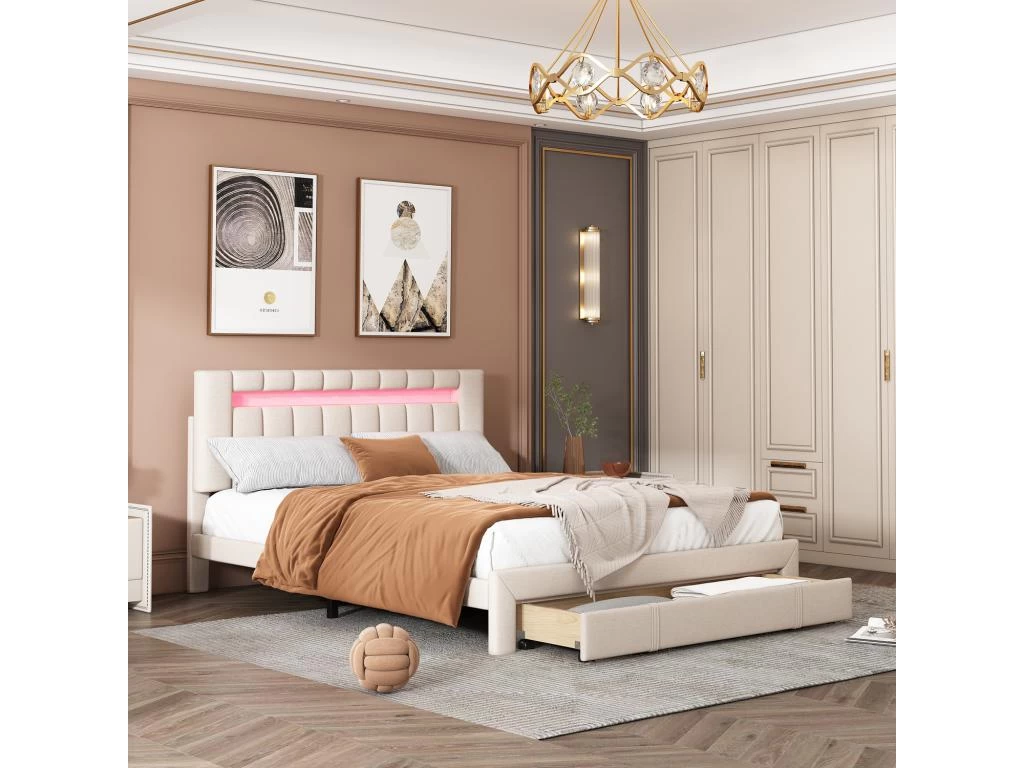 Lit Double Rembourré En Lin Avec Led + Tiroir Et Sommier à Lattes - 140x200cm - Beige 2 Lit Double Rembourré En Lin Avec Led + Tiroir Et Sommier à Lattes - 140x200cm - Beige – Image 2