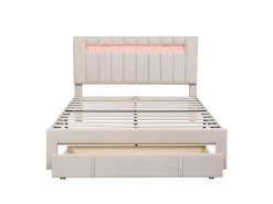 Lit Double Rembourré En Lin Avec Led + Tiroir Et Sommier à Lattes - 140x200cm - Beige 8 Lit Double Rembourré En Lin Avec Led + Tiroir Et Sommier à Lattes - 140x200cm - Beige -Magasin de lits lit 20096269