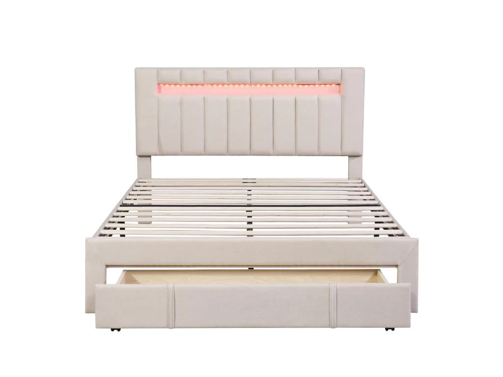 Lit Double Rembourré En Lin Avec Led + Tiroir Et Sommier à Lattes - 140x200cm - Beige 4 Lit Double Rembourré En Lin Avec Led + Tiroir Et Sommier à Lattes - 140x200cm - Beige – Image 4