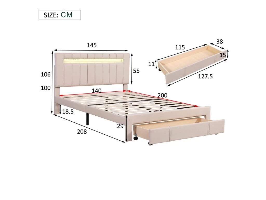 Lit Double Rembourré En Lin Avec Led + Tiroir Et Sommier à Lattes - 140x200cm - Beige 5 Lit Double Rembourré En Lin Avec Led + Tiroir Et Sommier à Lattes - 140x200cm - Beige – Image 5