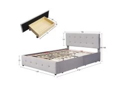 Lit Adulte Rembourré Avec 4 Tiroirs + Sommier à Lattes - 140x200cm - Gris -Magasin de lits lit 20096381