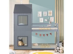 Lit Superposé Cabane En Forme De Maison Avec Deux Fenêtres - 90x200cm - Pin Maddif - Gris