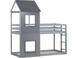 Lit Superposé Cabane En Forme De Maison Avec Deux Fenêtres - 90x200cm - Pin Maddif - Gris -Magasin de lits lit 20124651