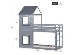 Lit Superposé Cabane En Forme De Maison Avec Deux Fenêtres - 90x200cm - Pin Maddif - Gris -Magasin de lits lit 20124655