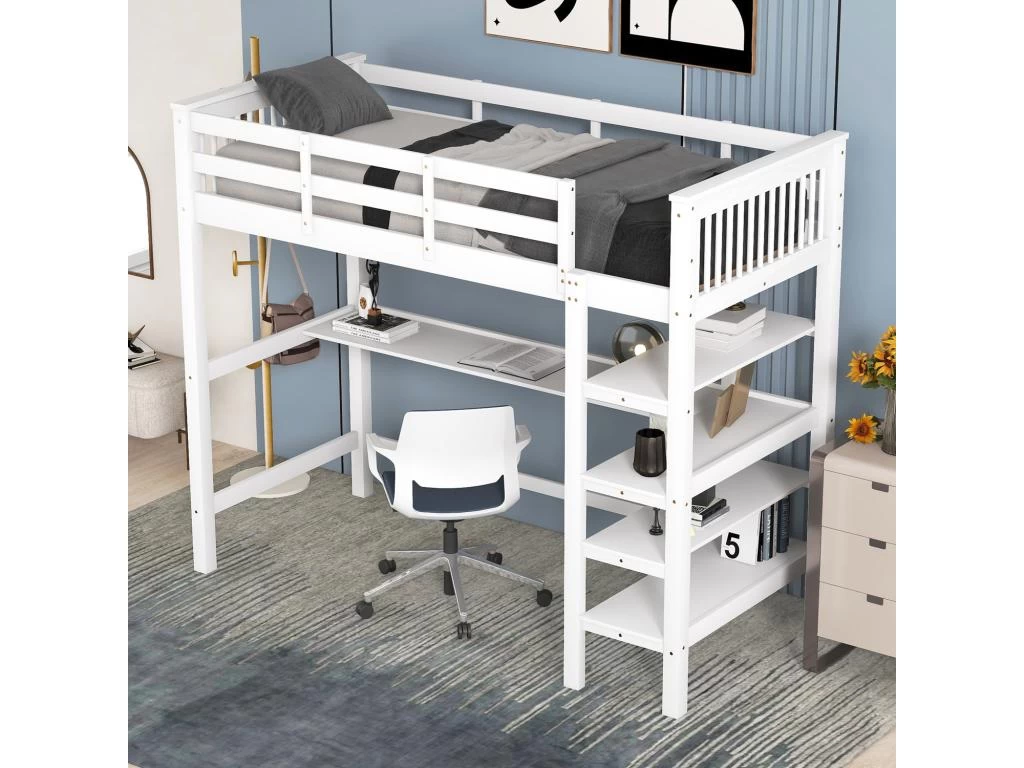 Lit Mezzanine Avec Bureau + étagère De Rangement - 90x200cm - Bois - Blanc 1 Lit Mezzanine Avec Bureau + étagère De Rangement - 90x200cm - Bois - Blanc