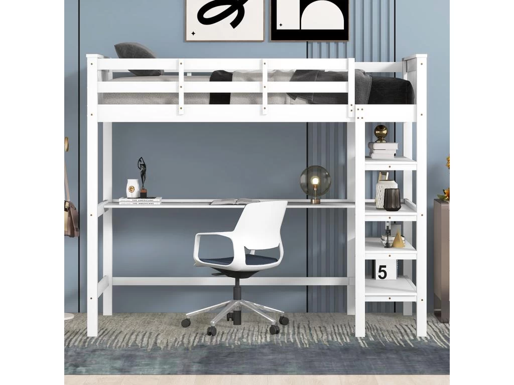 Lit Mezzanine Avec Bureau + étagère De Rangement - 90x200cm - Bois - Blanc 2 Lit Mezzanine Avec Bureau + étagère De Rangement - 90x200cm - Bois - Blanc – Image 2