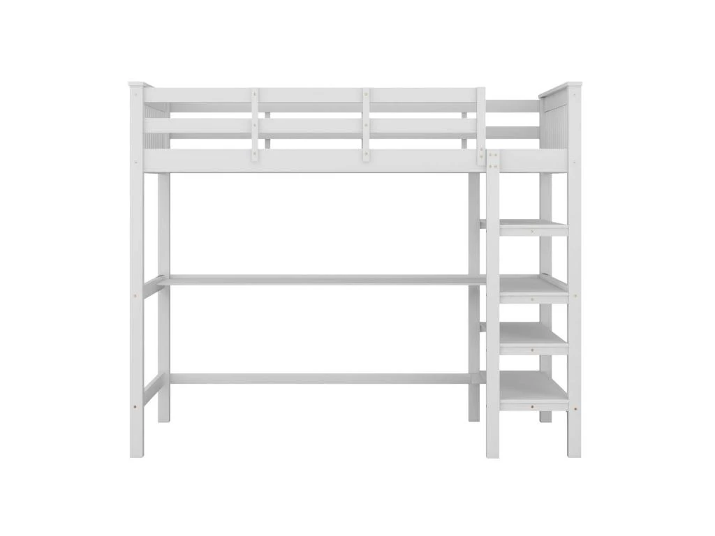 Lit Mezzanine Avec Bureau + étagère De Rangement - 90x200cm - Bois - Blanc 3 Lit Mezzanine Avec Bureau + étagère De Rangement - 90x200cm - Bois - Blanc – Image 3