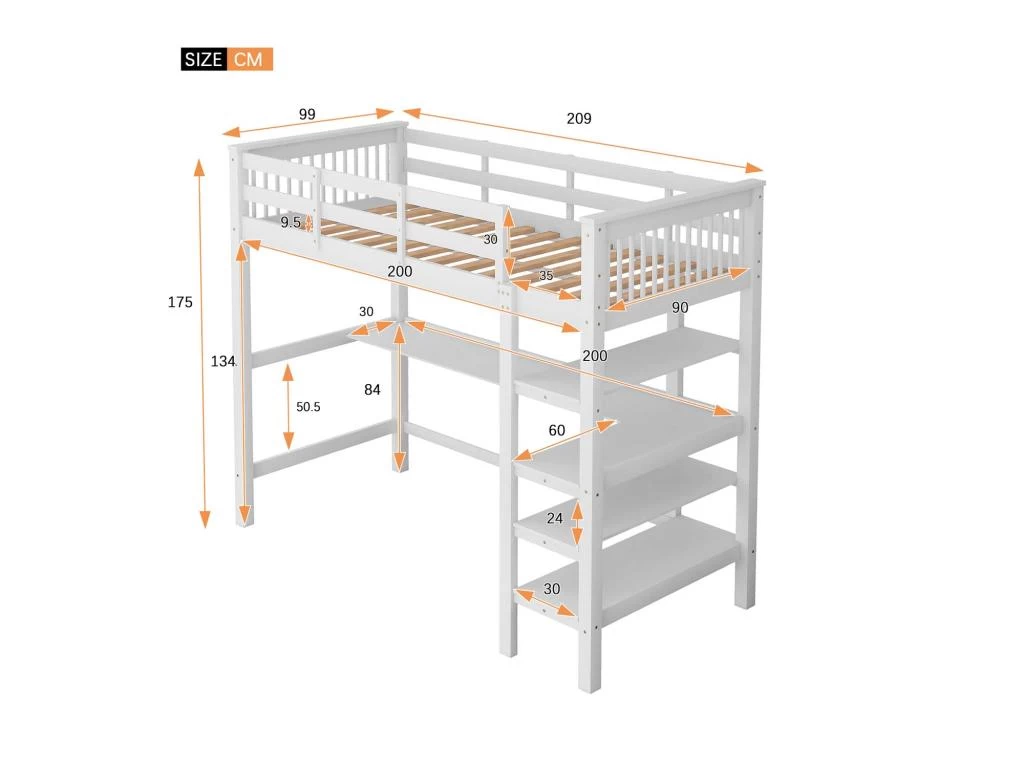 Lit Mezzanine Avec Bureau + étagère De Rangement - 90x200cm - Bois - Blanc 5 Lit Mezzanine Avec Bureau + étagère De Rangement - 90x200cm - Bois - Blanc – Image 5