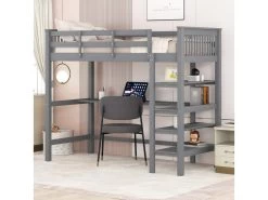 Lit Mezzanine Avec Bureau + étagère De Rangement - 90x200cm - Bois - Gris