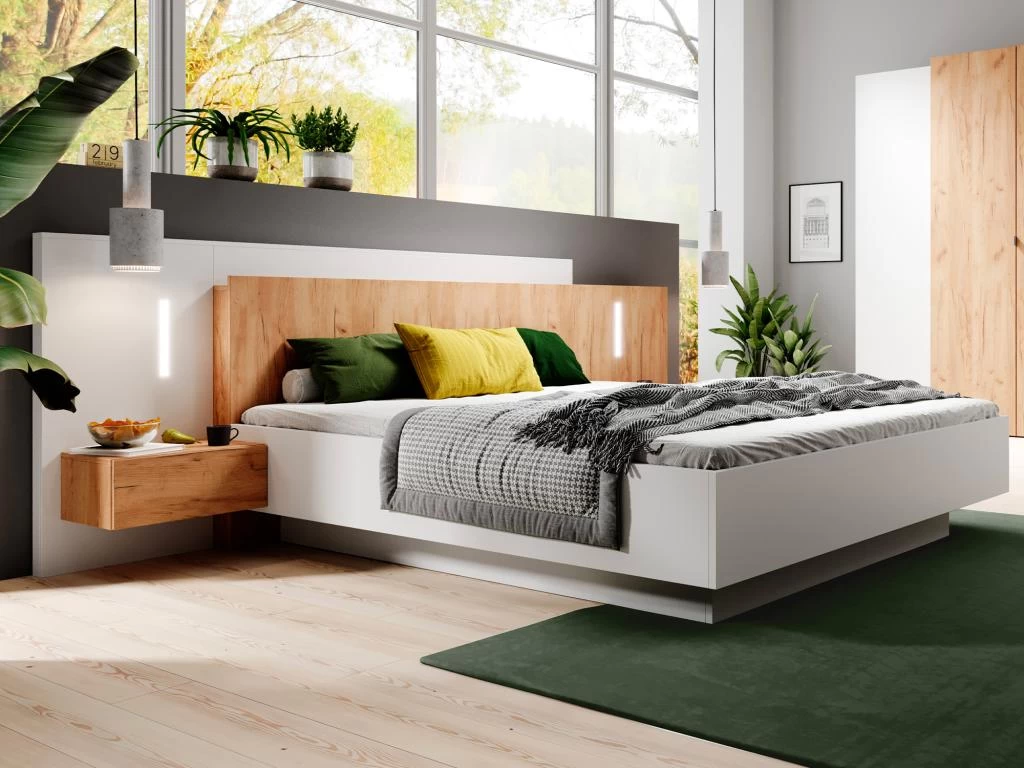 Lit Coffre Avec Chevets 160 X 200 Cm - 2 Tiroirs - Avec LEDs - Coloris : Blanc Et Naturel - FRANCOLI 2 Lit Coffre Avec Chevets 160 X 200 Cm - 2 Tiroirs - Avec LEDs - Coloris : Blanc Et Naturel - FRANCOLI – Image 2