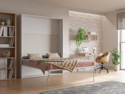 Lit Escamotable 160 X 200 Cm - Ouverture Verticale Manuelle - Blanc + Matelas - MALINA II