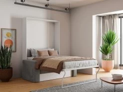 Lit Escamotable Canapé 140 X 200 Cm - Ouverture Verticale Manuelle - Blanc Et Gris + Matelas - VACIALA II -Magasin de lits lit 20891341