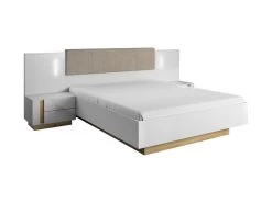Lit Coffre Avec Chevets 160 X 200 Cm - Avec LEDs - Blanc Et Naturel + Matelas - MURARI -Magasin de lits lit 20974611