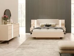 Lit Coffre Avec Chevets 160 X 200 Cm - Avec LEDs - Coloris : Beige + Matelas - ELYNIA