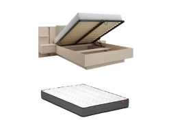 Lit Coffre Avec Chevets 160 X 200 Cm - Avec LEDs - Coloris : Beige + Matelas - ELYNIA -Magasin de lits lit 20975289