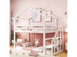 Lit Superposé Cabane Avec Escalier Et Sommier à Lattes - 90x200cm - Pin - Blanc