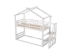 Lit Superposé Cabane Avec Escalier Et Sommier à Lattes - 90x200cm - Pin - Blanc -Magasin de lits lit 20981905