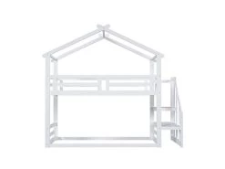 Lit Superposé Cabane Avec Escalier Et Sommier à Lattes - 90x200cm - Pin - Blanc -Magasin de lits lit 20981907